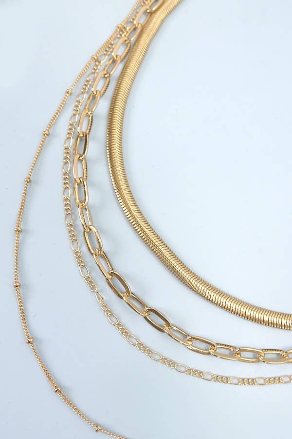 MULTI LAYER LINK HERRINGBONE CHAIN NECKLACE | 25N868: GOLD