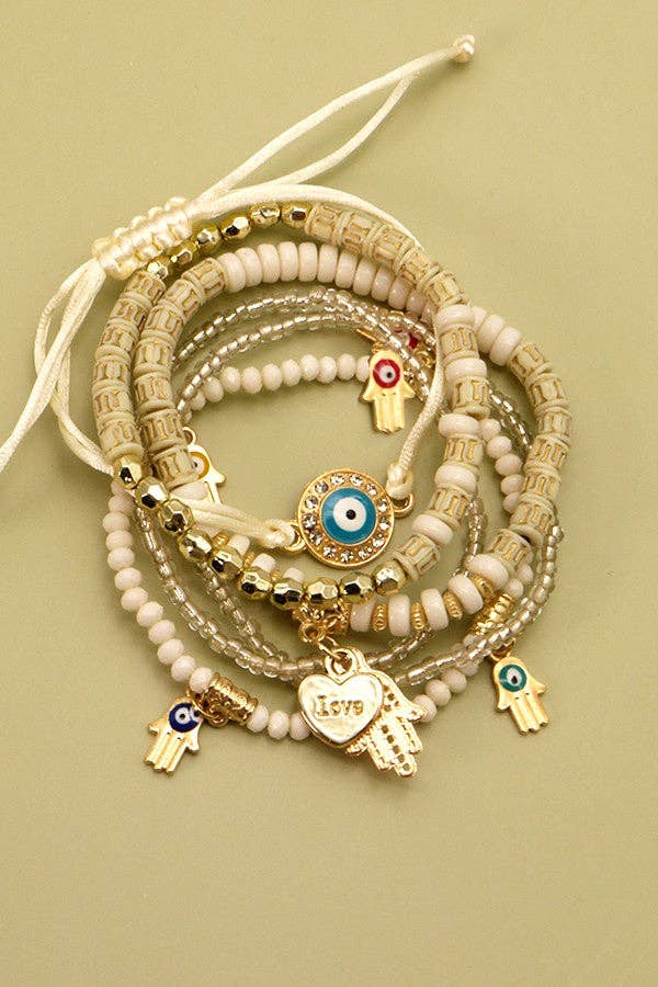 BOHO HAMSA AND EVIL EYE MULTILAYER BEADS BRACELET | 25B302: GOLD