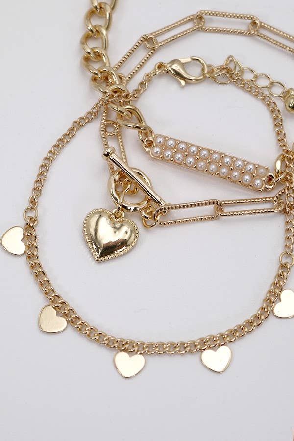 PEARL STUD BAR HEART LINK MULTI CHAIN BRACET SET | 80B135: GOLD