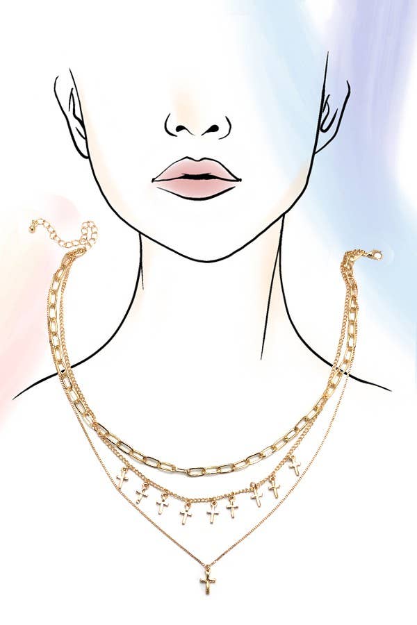 CROSS CHARM MULTI LAYER NECKLACE | 80N825: Gold