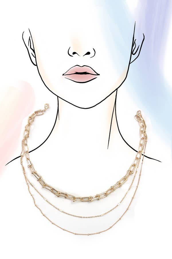 MULTI LAYER BEADED SATELLITE U LINK CHAIN NECKLACE | 25N809: GOLD
