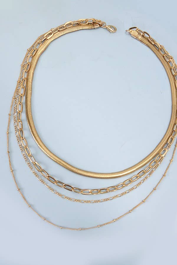 MULTI LAYER LINK HERRINGBONE CHAIN NECKLACE | 25N868: GOLD