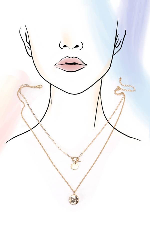 DOUBLE LAYER CIRCLE DROP PENDANT NECKLACE | 80N795: Gold