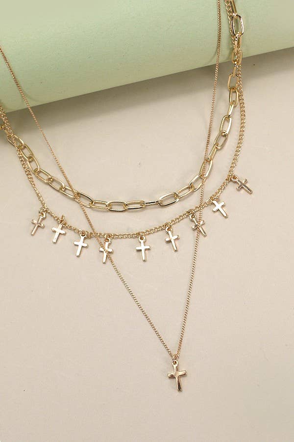 CROSS CHARM MULTI LAYER NECKLACE | 80N825: Gold