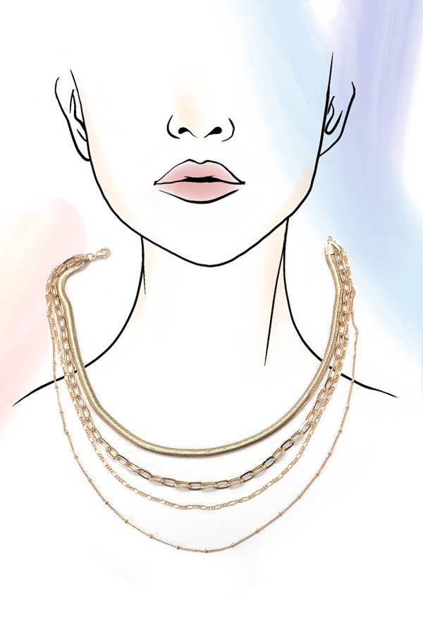MULTI LAYER LINK HERRINGBONE CHAIN NECKLACE | 25N868: GOLD