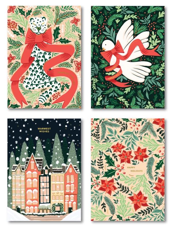 Holiday Greetings Flat Cards Foil Printed with Envelopes Set of 8