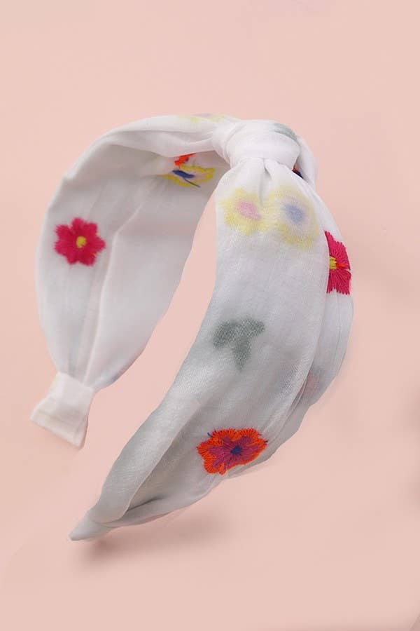 COLORFUL FLORAL EMBROIDERY KNOTTED HAIR BAND | 40HB137: White