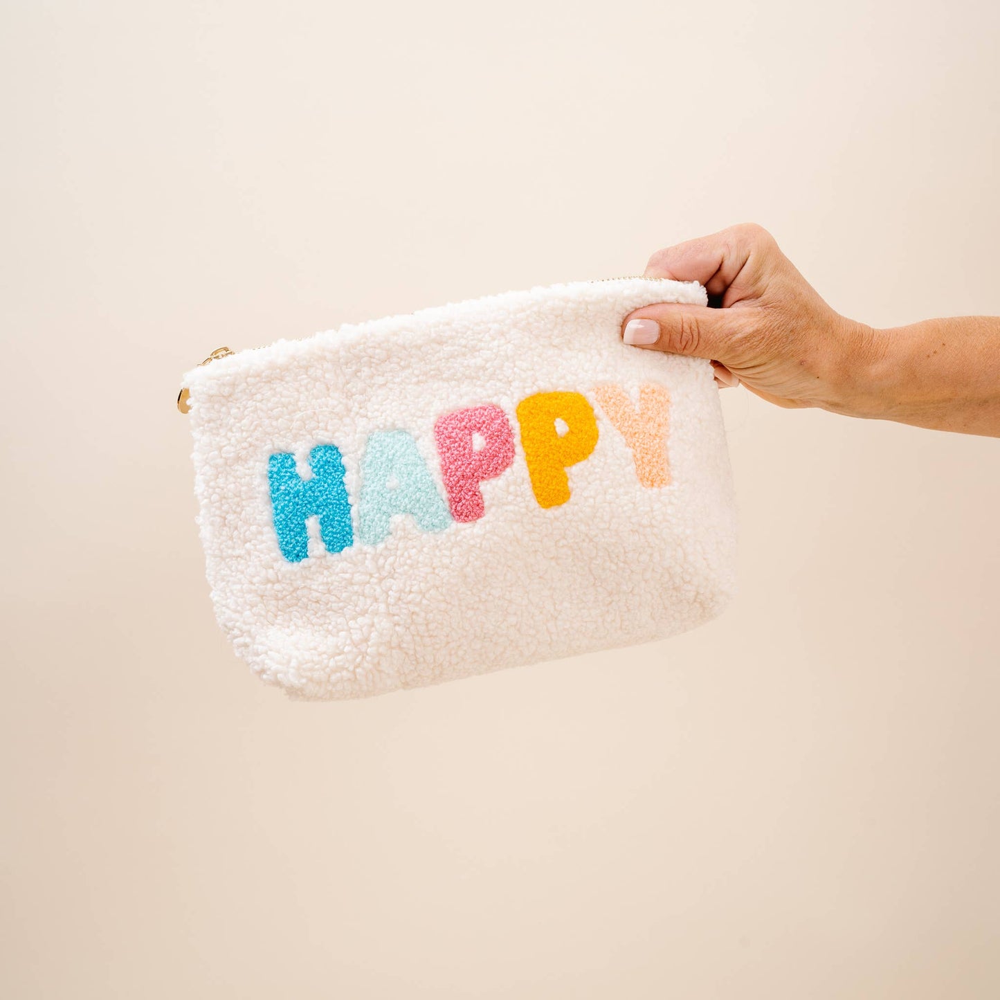 Cream Teddy Pouch - Happy