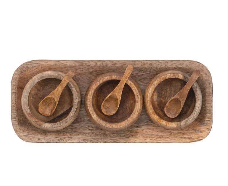 Mango Wood Tray w/ 3 Bowls & 3 Spoons