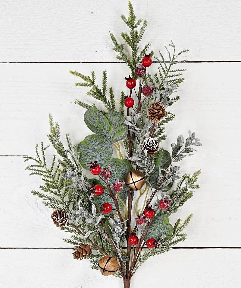 28in Spray-Mix Snowy Pine Silver Dollars with Golden Bells