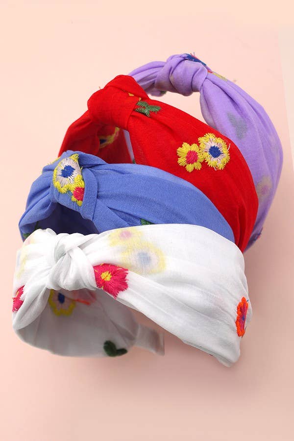 COLORFUL FLORAL EMBROIDERY KNOTTED HAIR BAND  | 40HB137: White