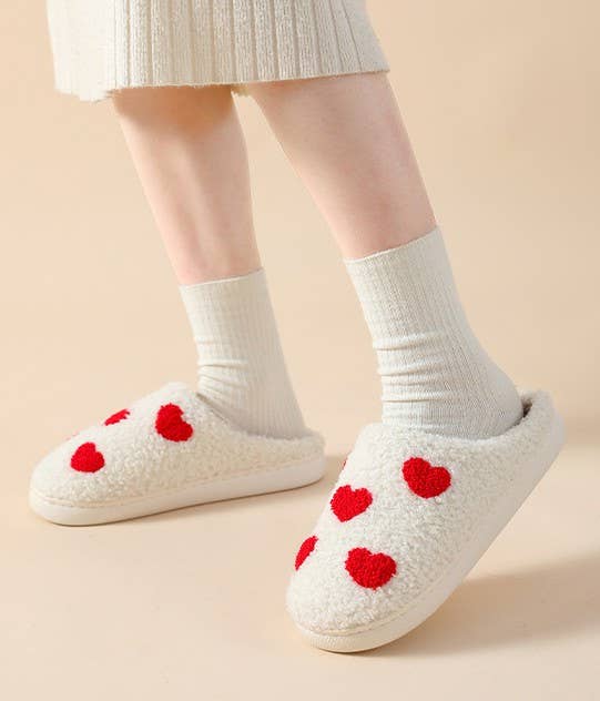 SOFT PLUSH HEART RAINBOW WARM SLIPPERS | 40SP014: Large / SMILEY MULTI