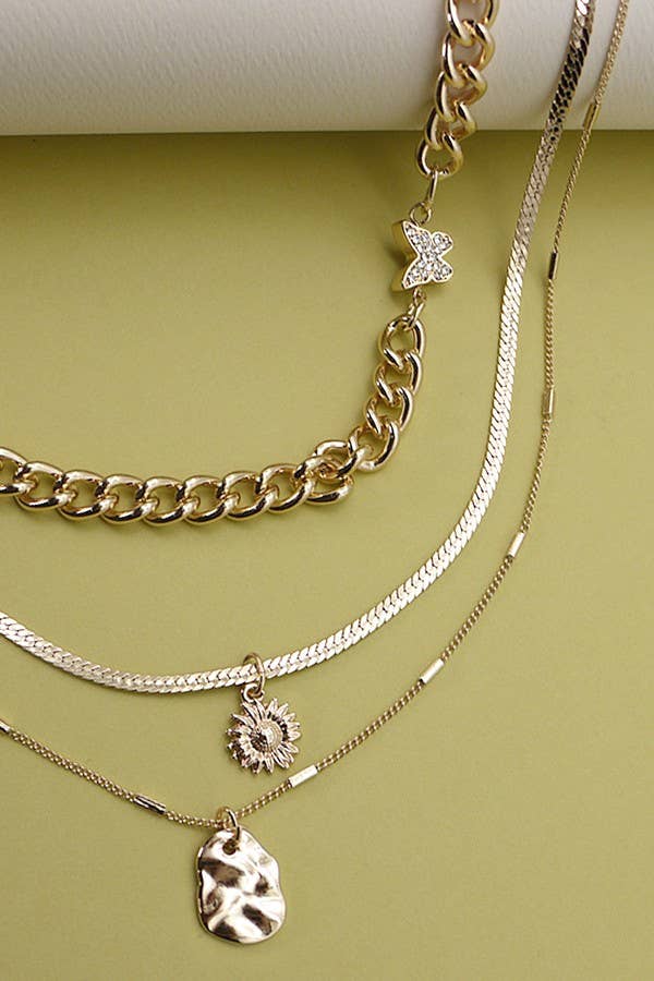 BUTTERFLY FLOWER CHARM MULTILAYER NECKLACE | 25N639: GOLD