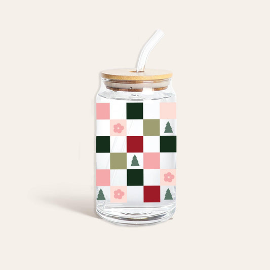 Round Glass Cup - Holiday Checkers