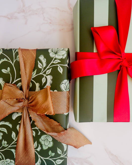 Green Floral and Mint Striped Double Sided Gift Wrap | Set o