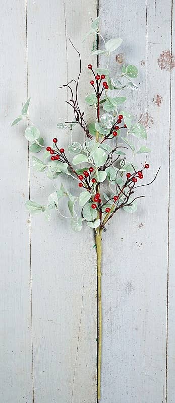 30in Flocked Eucalyptus and Red Berry Branch