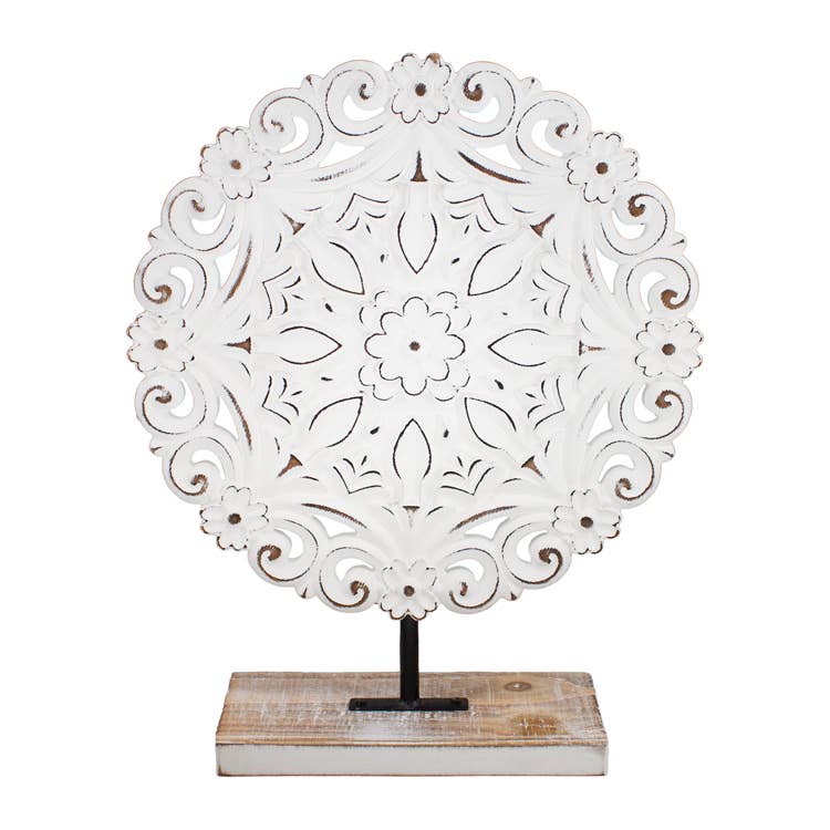 White Carved Round Art Nouveau Stand - 11.8 x 11.8 x 14.5 in