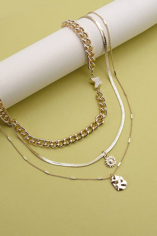 BUTTERFLY FLOWER CHARM MULTILAYER NECKLACE | 25N639: GOLD